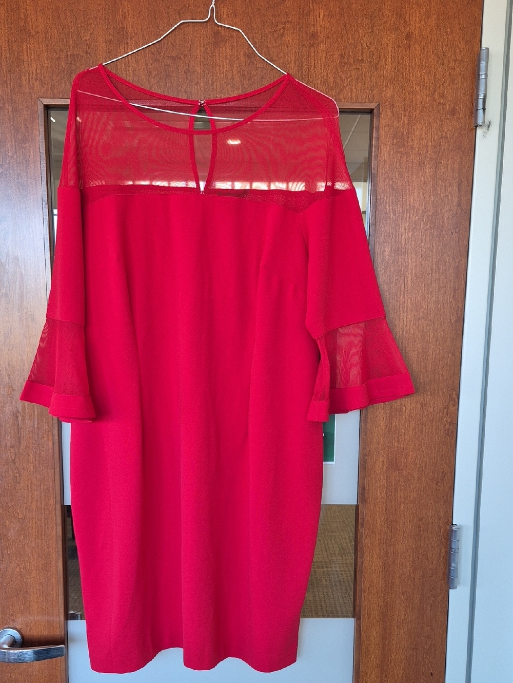 Lane Bryant Red Long-Sleeve Mesh Yoke Dress